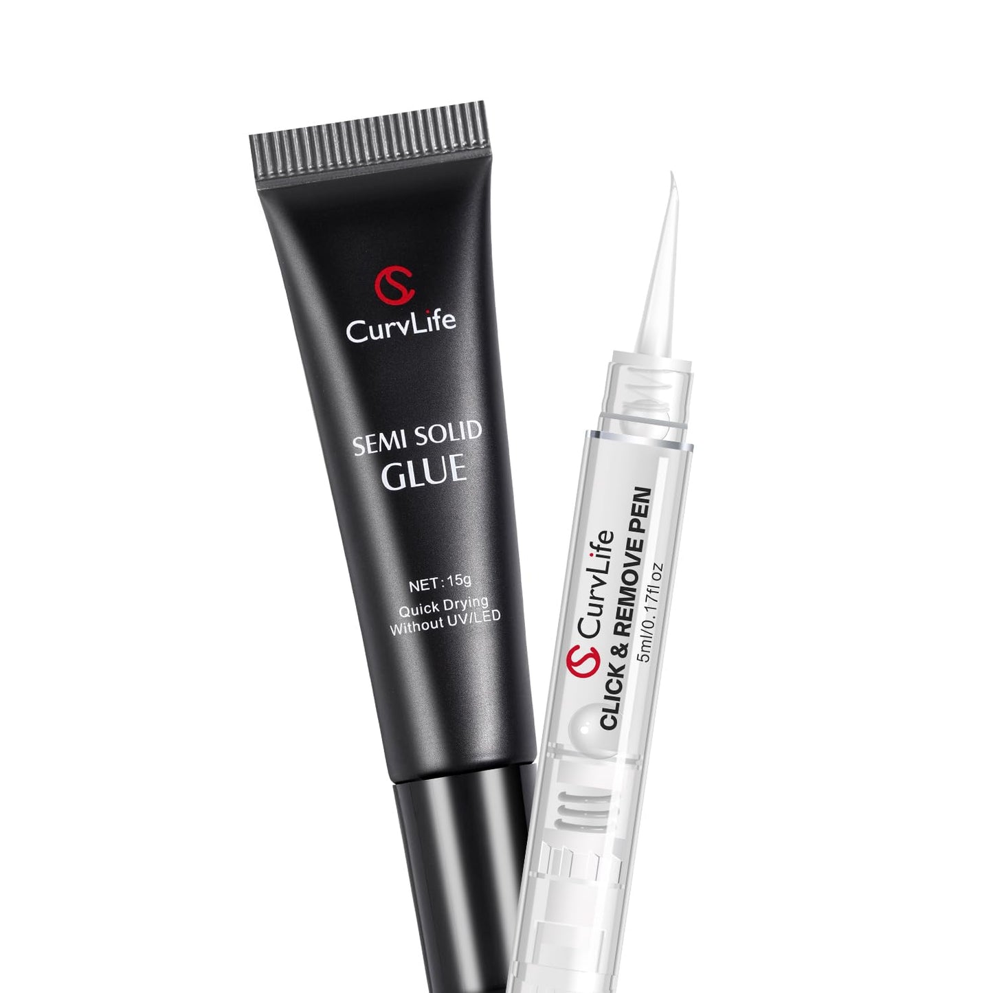 Curvlife 15g Semi Solid Nail Glue Gel with 5ml 3 in 1Nail Glue Remover, No Need for Uv Light, Gel for Press On Nails, Click&Remove Pen Design