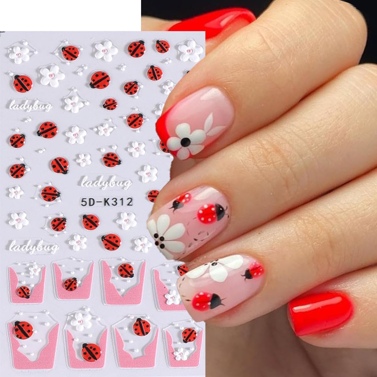 Flower Nail Sticker French Tips Nail Decals Insect Nail Art Stickers Bee Ladybug Daisy Five Petal Floral White Yellow Pink Design Cute Nails Stickers for Nails Art Summer Manicure Decor for Women