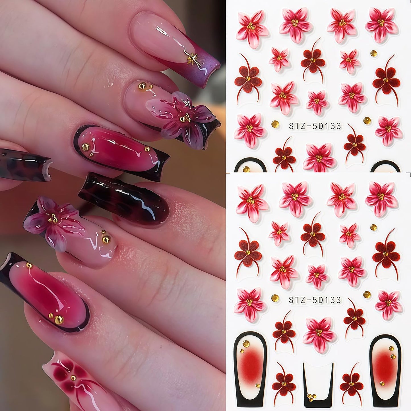 Flowers Nail Art Stickers Decals 5D Embossed Self-Adhesive Summer Flowers Nail Stickers French Tip Design Nail Decals Spring and Summer Flower Sticker for Women DIY Manicure Decoration Supplies