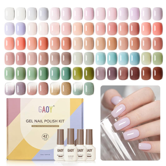 GAOY 42 Pcs Gel Nail Polish Kit, Pastel Jelly Pink Green Shimmer Colors All Seasons Gel Nail Polish Set with Glossy & Matte Top Coat and Base Coat for Salon and DIY Manicure at Home