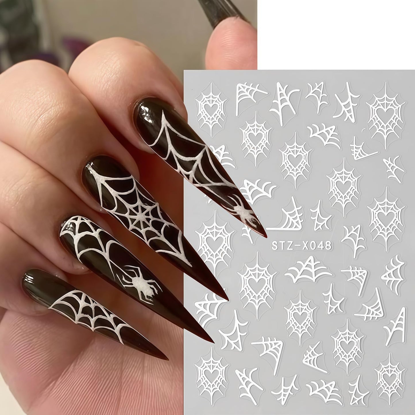 8 Sheets Spider Nail Art Stickers Halloween Nail Decals Black White Spider Web Spiders Design 3D Self-Adhesive Nail Sticker Fall Holiday Acrylic Manicure DIY Nails Decoration Supplies for Women