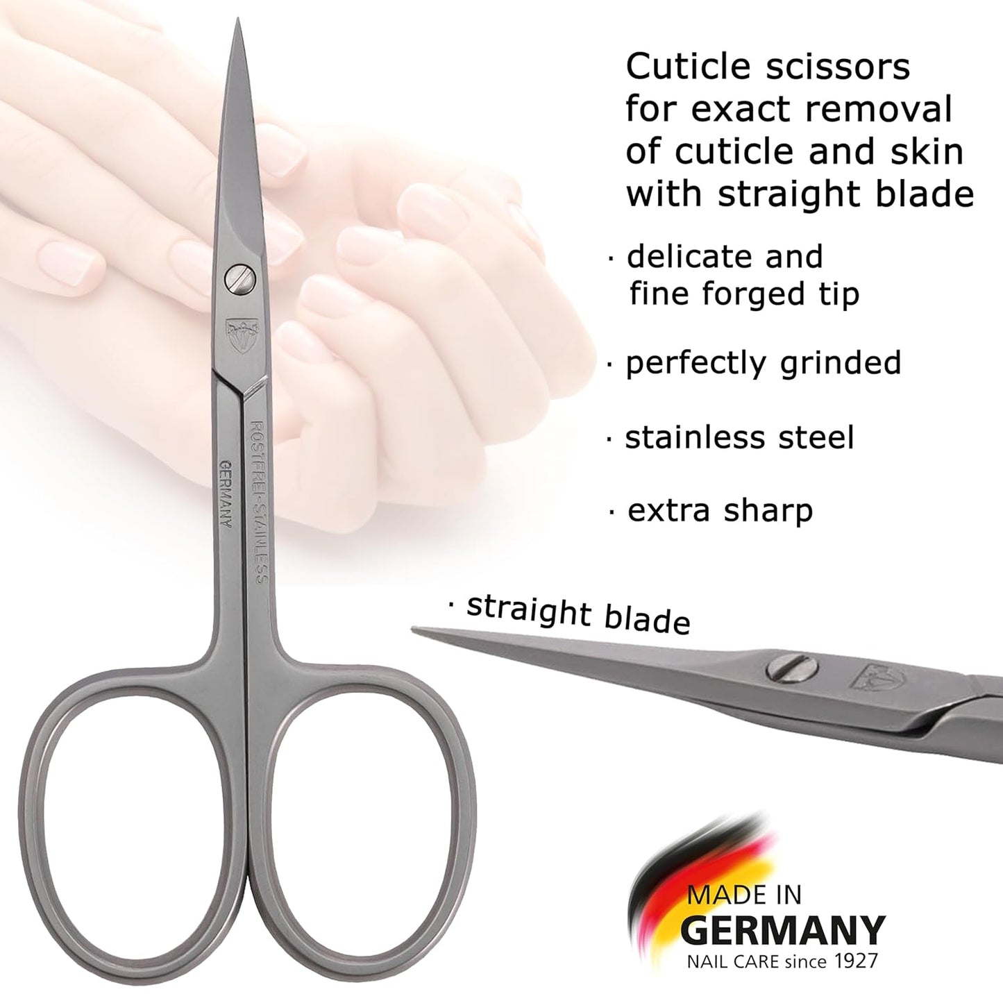 3 Swords Germany - brand quality STAINLESS STEEL INOX STRAIGHT CUTICLE SCISSORS (1 PIECE) with case for manicure pedicure - nail care by 3 Swords - Made in Germany