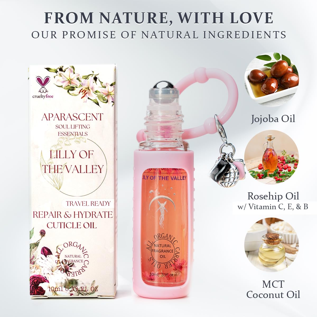 Lilly of The Valley Organic Nail Cuticle Oil Pen with Jojoba, Coconut MCT, and Rosehip for Nail Hydration, Growth & Strength, Travel Size Keychain(0.34 Fl Oz)