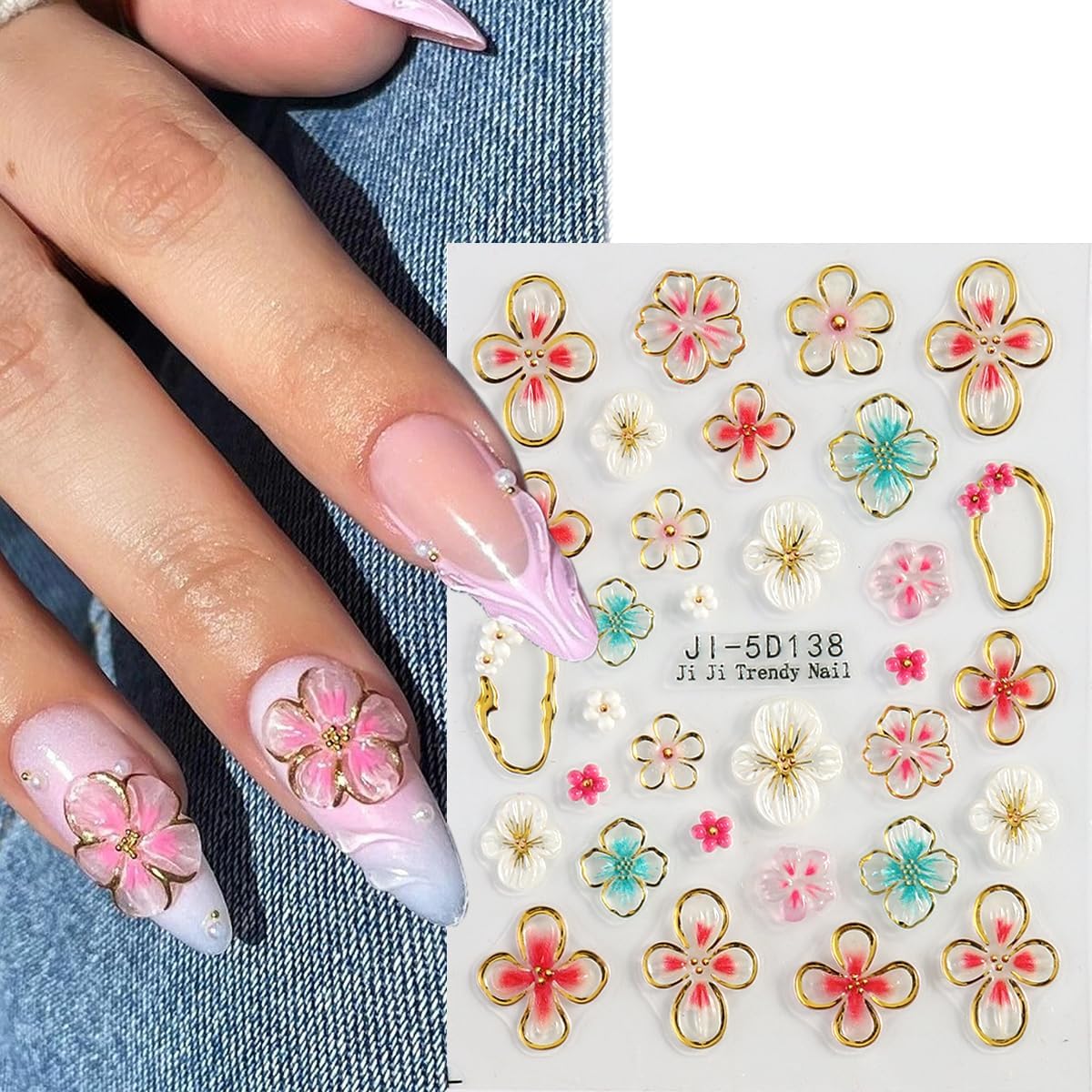 Flower Nail Stickers 5D Embossed Lily Flower Stickers for Nails Hibiscus Self Adhesive Floral Nail Decals Gold Flower Nail Charms Vacation Nail Design Pegatinas para Uñas 4 Sheet