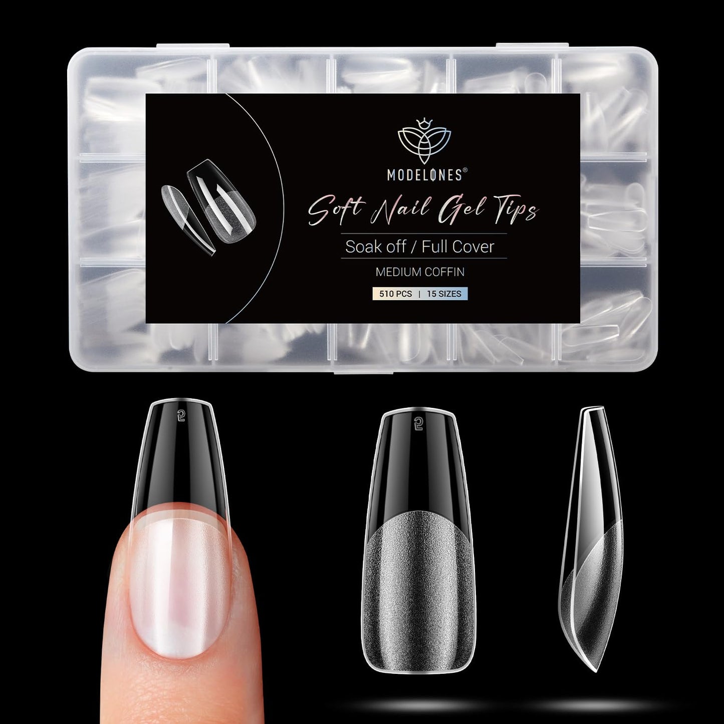 Modelones Medium Coffin Fake Nail Tips - 510Pcs Gel Tips Pre-shaped Half Matte Full Cover Clear Acrylic Gel Kit False Press on Nails for Extension DIY Salon 15Sizes
