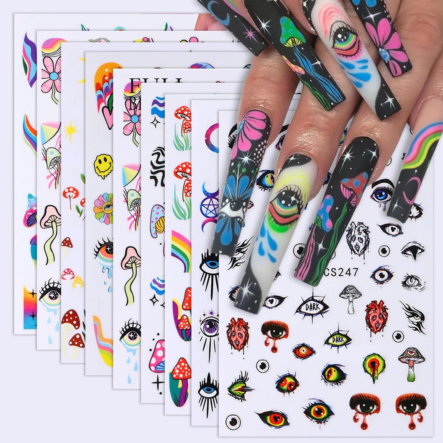 8 Sheets Nail Art Stickers Graffiti Flower Evil Eye 3D Self-Adhesive Nail Decals Rainbow Mushroom Star Moon Designs Nail Decorations Summer Nail Stickers Colorful Nail Supplies for Women DIY Manicure