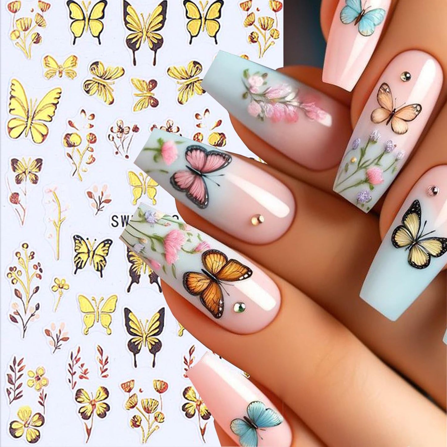 Butterfly Nail Art Stickers Gold Butterflies Nails Art Decals 3D Self-Adhesive Nails Sticker Holographic Spring Decal Decoration for Women Blue Butterfly Manicure Stickers DIY Nail Supplies