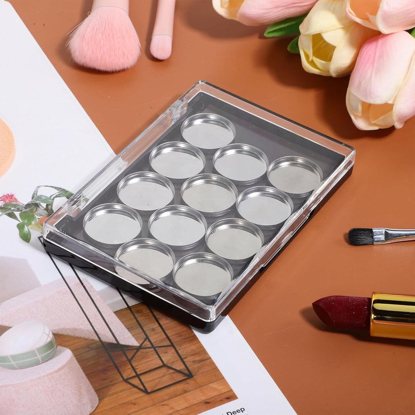 FRCOLOR Empty Eyeshadow Makeup Palette Magnetic Eyeshadow Palette Empty Cream Blush Palette Makeup Tray With 12pcs Round Metal Pans 1pcs Eyeshadow Brush