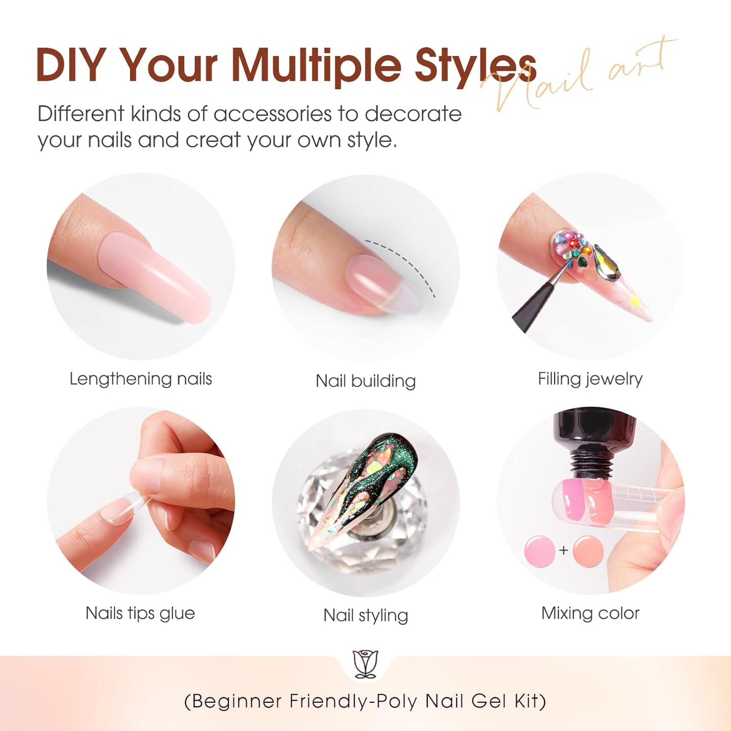ROSALIND Poly Nail Gel Kit -16 Colors + White Brown Nail Art Accessories kit Clear Nude Poly Nails Gel Kit Starter Kit With Slip Solution Nude Pink Nail Extensions Gel Set with Mini UV Lamp