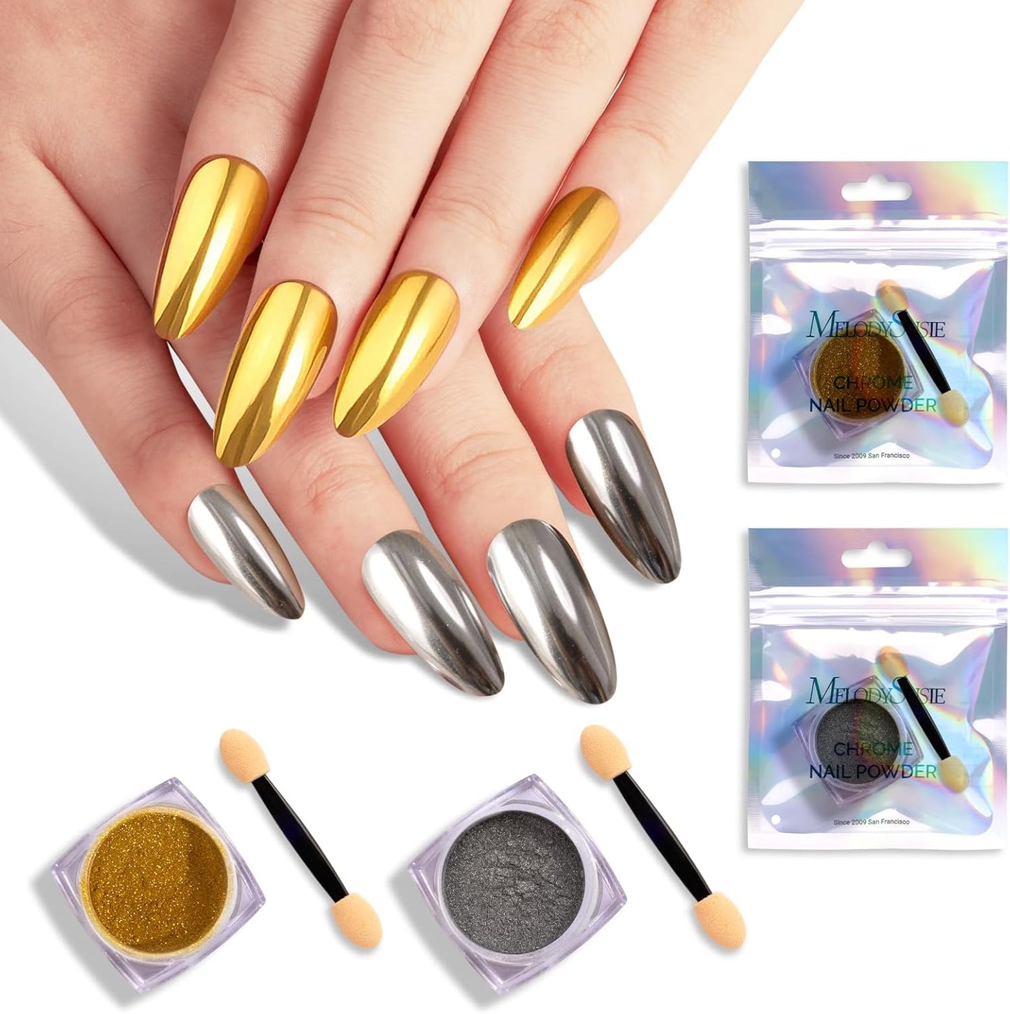 MelodySusie 2Pcs Chrome Nail Powder for Gel Nails,Metallic Mirror Effect Pigment Stylish and Technological Fine Glitter for Home DIY Salon Use