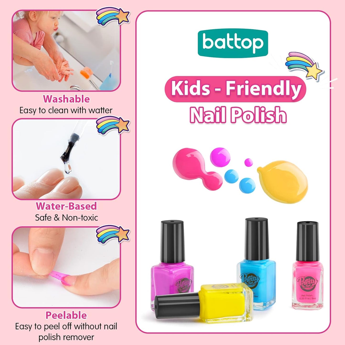 BATTOP Kids Nail Polish Set for Girls, Nail Art Kits with Nail Dryer & Glitter Pen, Quick Dry & Peel Off & Non-Toxic Nail Polish, Christmas Birthday Gifts for Girls Ages 6 7 8 9 10 11 12