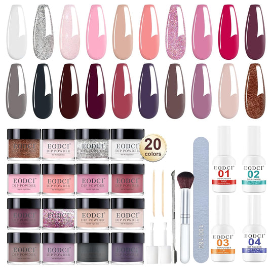 31 Pcs Dip Powder Nail Kit Starter - 20 Colors Nude Pink Skin Dipping Powder Liquid Set with Base Top Coat, Activator, Brush Saver, Nail Buffer and Brush No Needed Lamp Curing