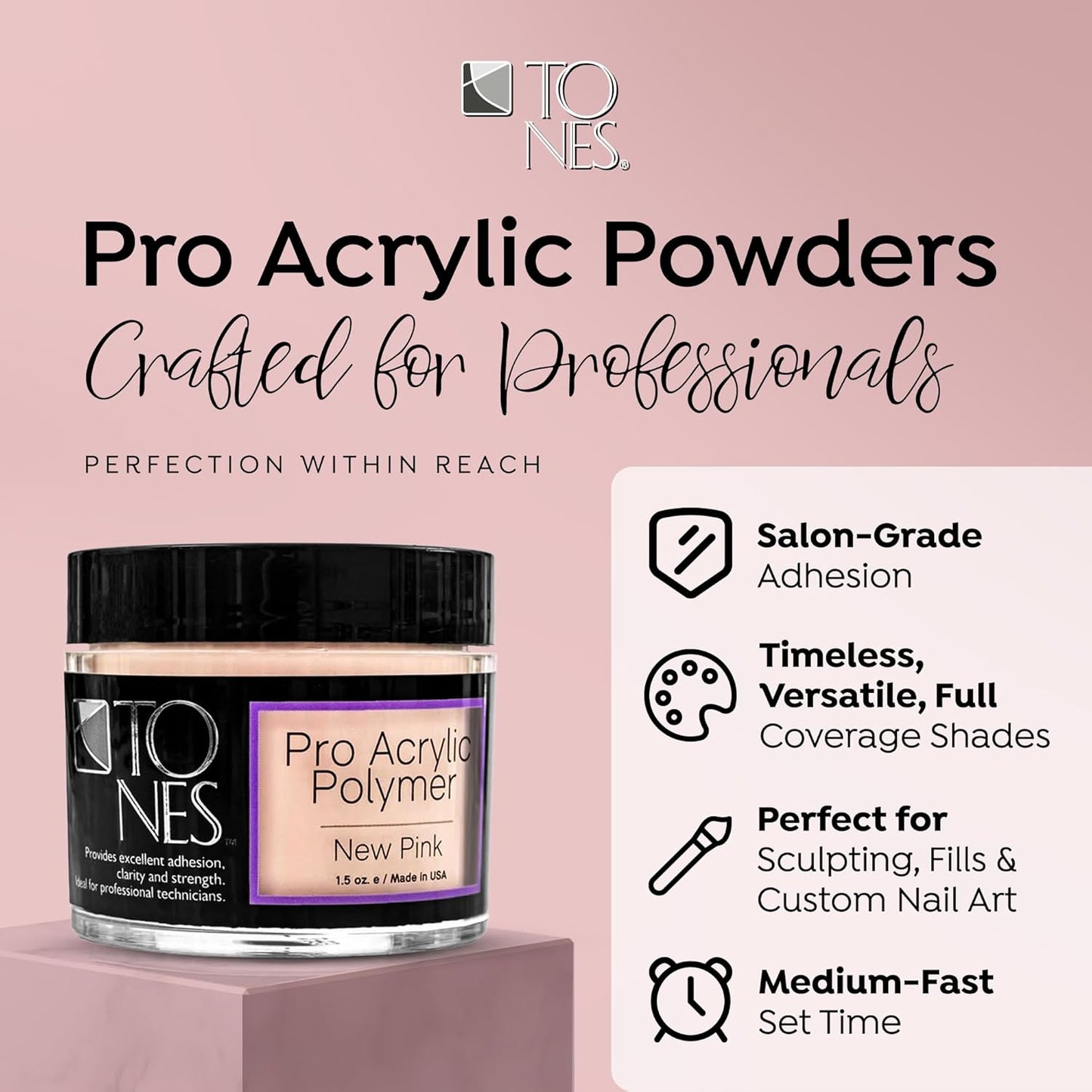 Tones Pro Acrylic Nail Powder, New Pink (Fresh Peach-Toned Pink), (1.5 Fl Oz) - Long-Lasting & Non-Yellowing Polymer for Salon Quality Nail Extensions & 3D Art