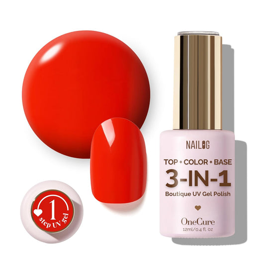 NAILOG One Step Red Gel Nail Polish 12ml Top Coat Color Gel Base 3-In-1 Formula Soak Off UV Gel Polish for Home DIY & Gifting | Crimson Red