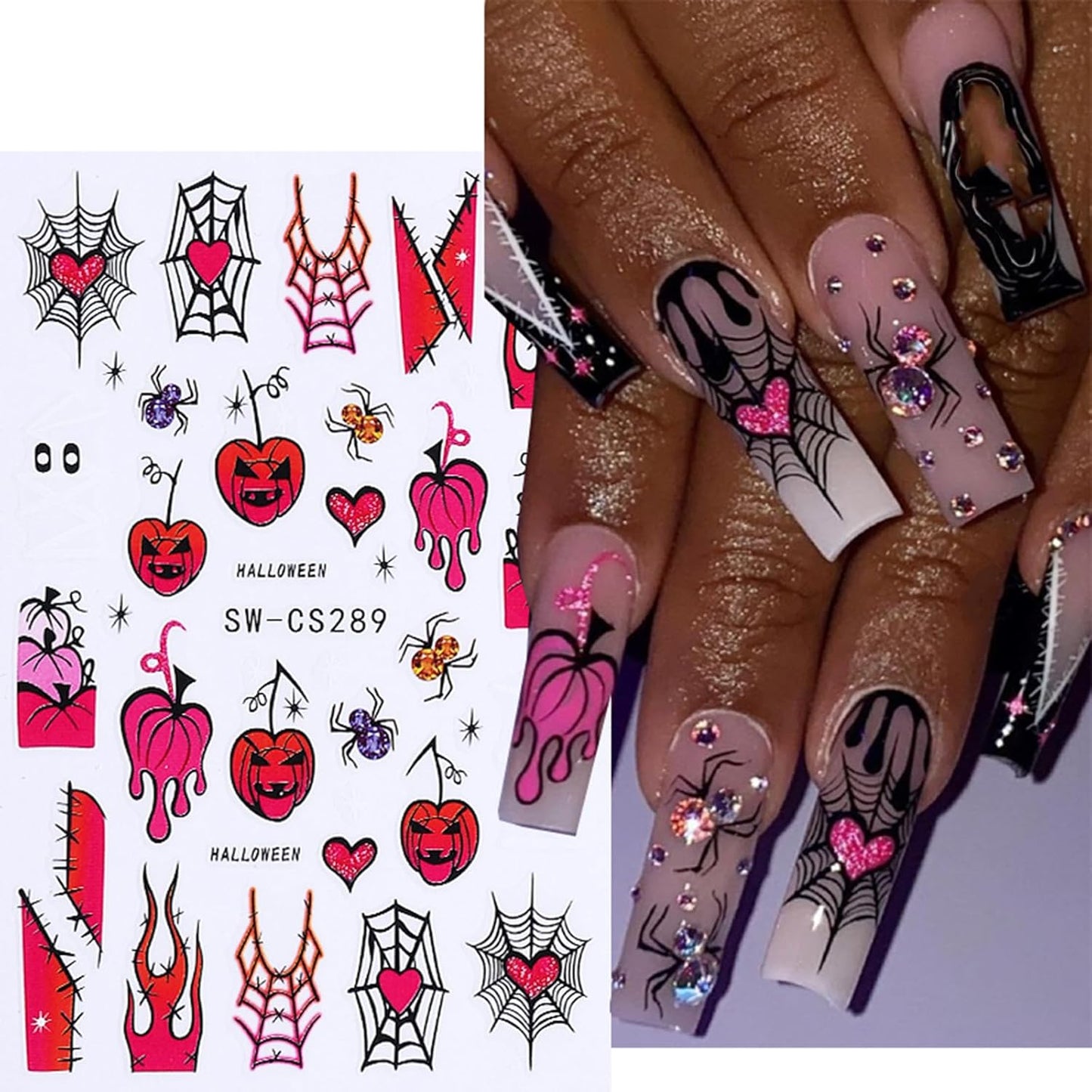 6 Sheets Halloween Nail Art Stickers Decals 3D Self-Adhesive Cartoon Bat Spider Web Skull Nail Stickers French Flame Spider Web Heart Nail Decals Supplies for Women DIY Holiday Manicure Decorations