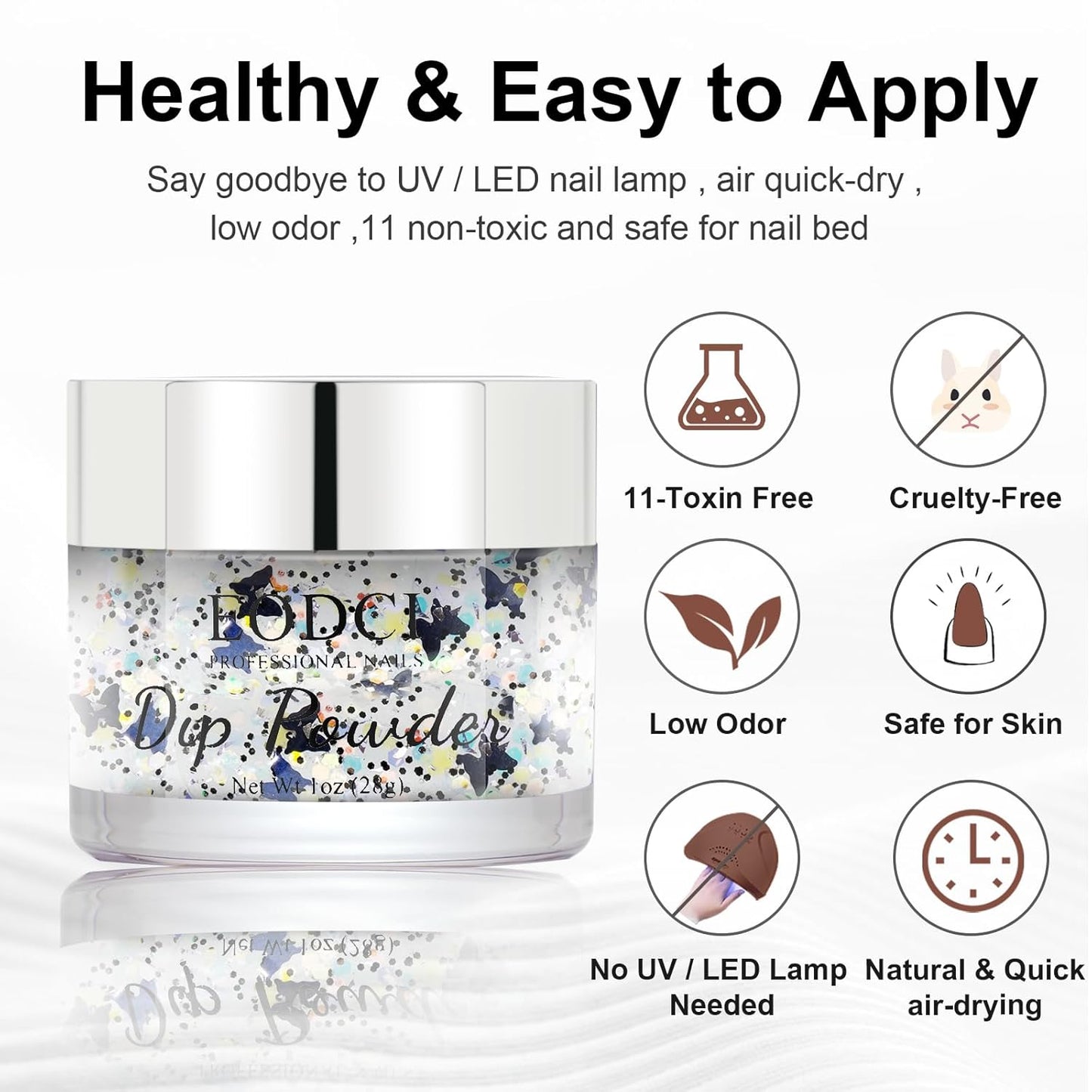 Nail Dip Powder Colors, Butterfly Glitter Silver - DIY Nail Art Starter Kit - No Lamp Needed - 1 oz