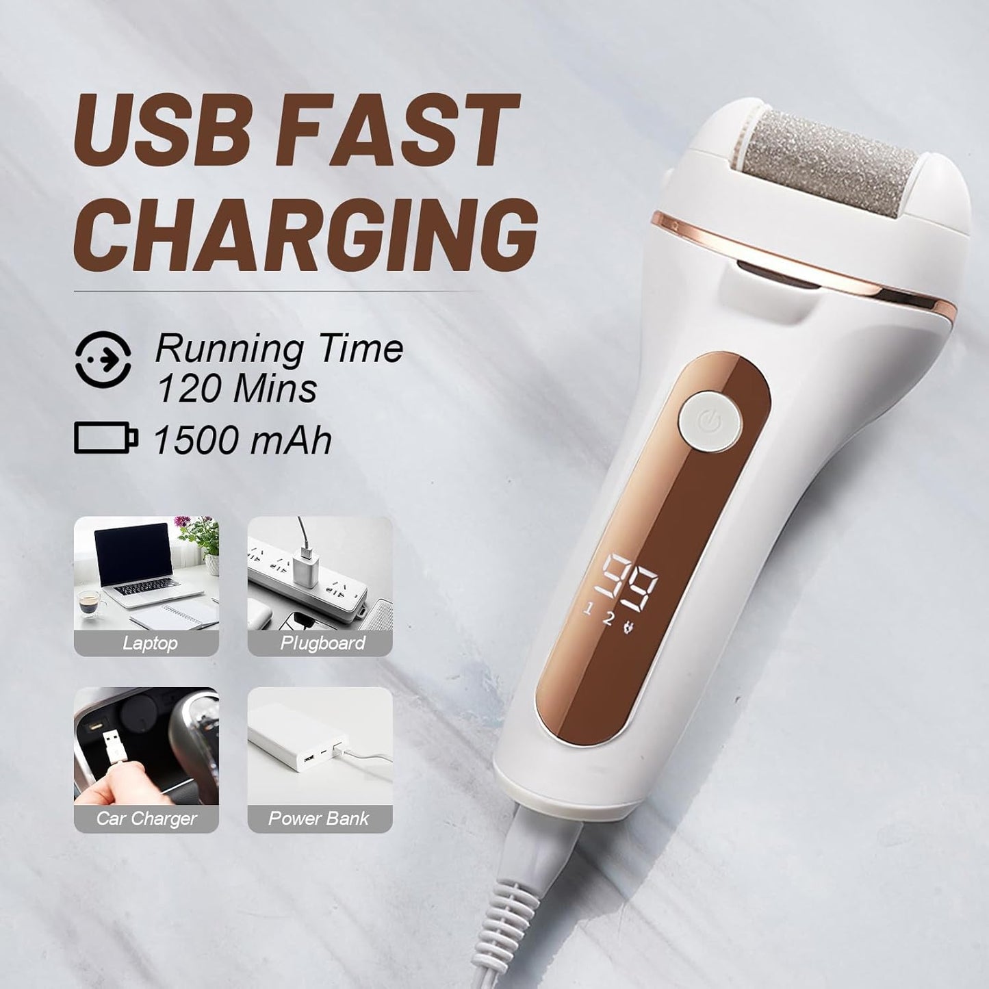 Electric Foot Callus Remover, Rechargeable Portable Electric Foot File, IPX6 Waterproof with 3 Roller Heads Pedicure Kits for Dead Hard Cracked Dry Skin, Digital Display, White