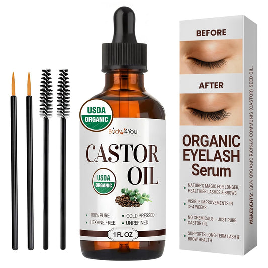 BodyJ4You Organic Castor Oil for Hair Growth: Natural Eyelashes Serum for Lashes and Eyebrows - Glass Bottle 1 Fl Oz