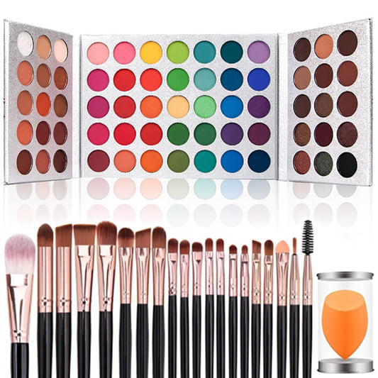 Eyeshadow Palette 65 Colors + 20pcs Makeup Brushes Set + Sponge Blender Sweatproof Pigmented Matte Shimmer Metallic Blendable Soft Pressed Powder Eye Shadow Makeup Palette