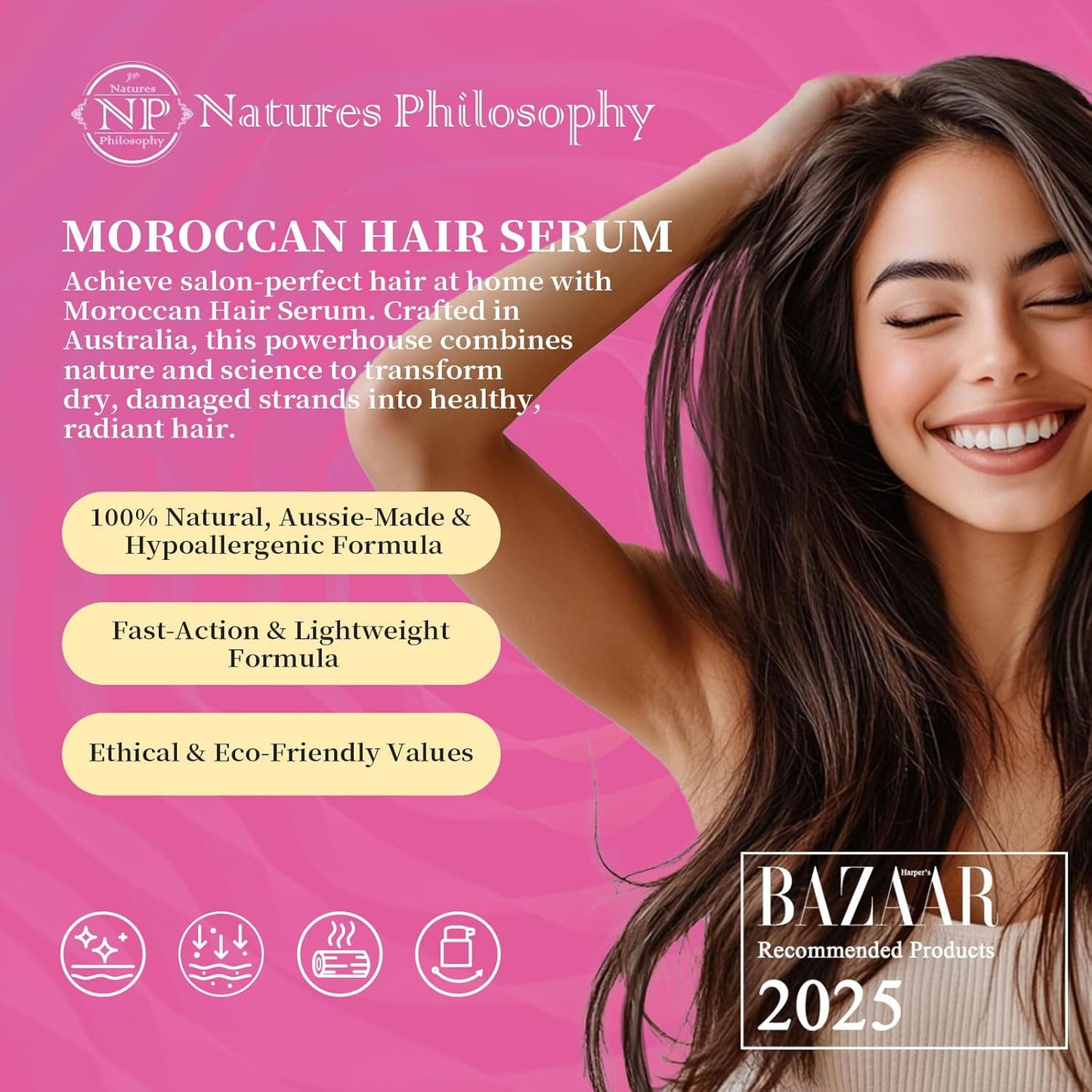 NP NATURES PHILOSOPHY Moroccan Argan Oil - Hair Serum Organic, Anti-Frizz, Repairs Damaged Hair, Adds Shine for All Hair Types Aussie Allergy-Free Moroccan Oil Hair Products 1.69 Fl oz