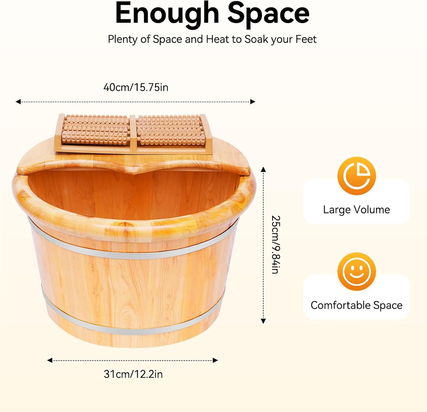 9.84in Tall Wood Foot Soaking Tub with Lid and Massage Roller, Pedicure Bowl for Feet, Portable Traditional Wood Foot Bath Basin for Massage Relaxing, Fatigue Relief