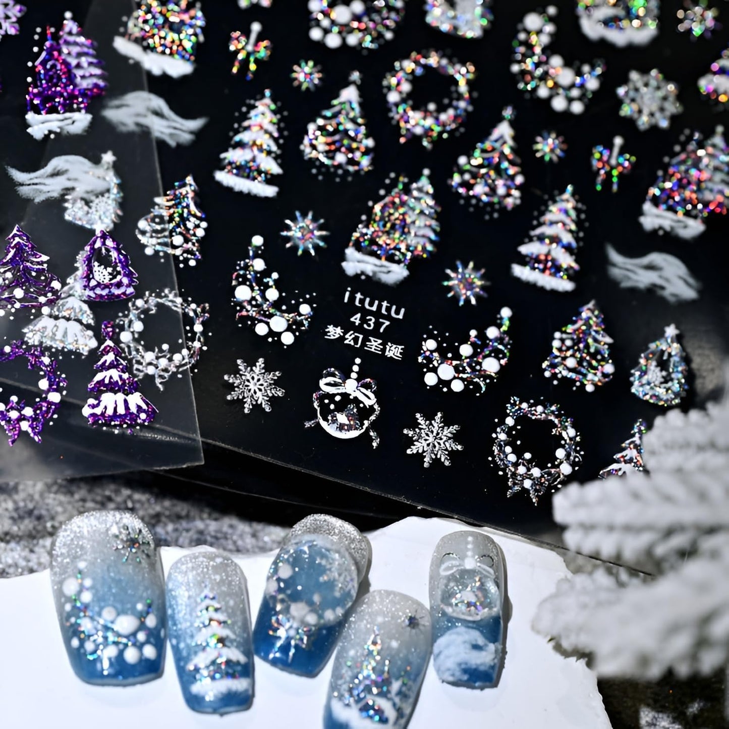 Christmas Nail Stickers for Nail Art 5D Embossed Colorful Xmas Tree Nail Art Stickers Colorful Christmas Nail Decals Silver White Snowflake Nail Art Supplies Design for Women Girls