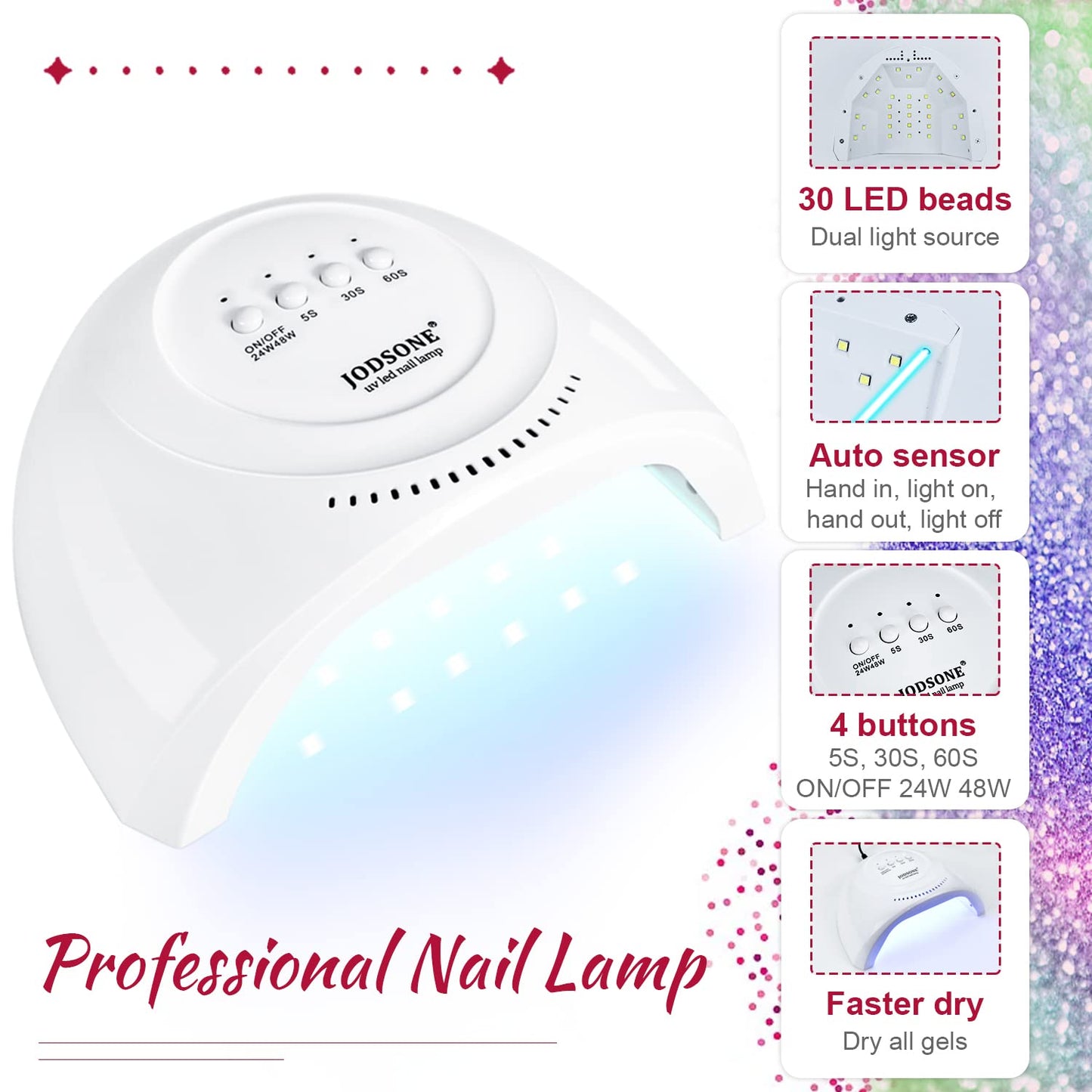 JODSONE 60 PCS Gel Nail Polish Starter Kit With U V Light 55 Kinds Of Color Glitter Gel Polish No Wipe Base And Glossy Matte Top Coat Easy To Apply