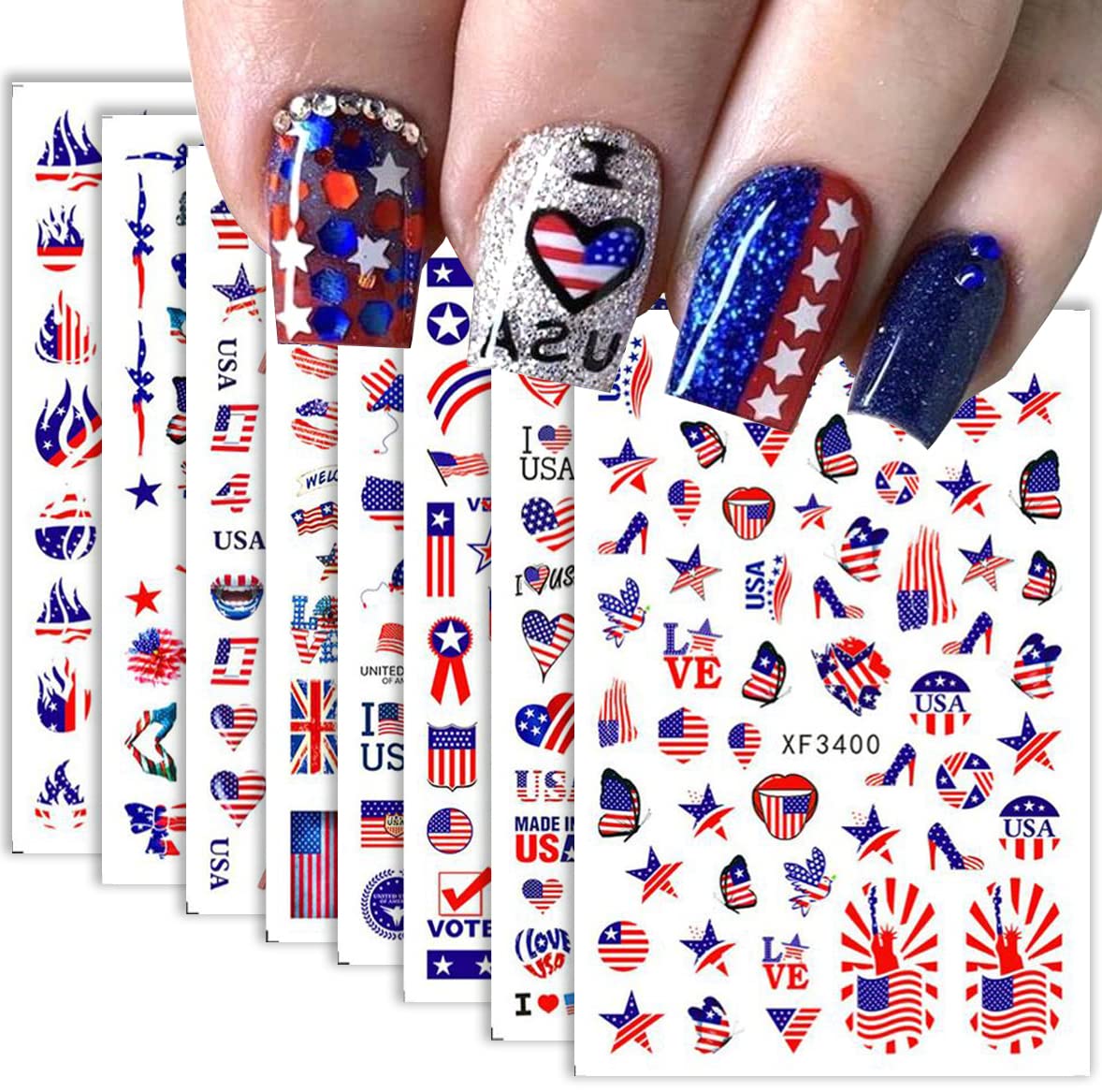 8Sheets 4th of July Nail Art Stickers Decals Red Blue White American Flag 3D Self-Adhesive Nail Decals Flame Butterfly Heart Designs Independence Day Nail Decorations DIY Nail Supplies for Women Kids