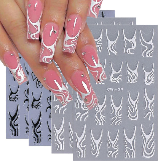 Line Nail Stickers 3D Self Adhesive Nail Art Stickers French Nail Decals Irregular Lines Black White Heart Design Cute Nails Sticker for Nails Art for Women Decoration Salon Manicure Supplies