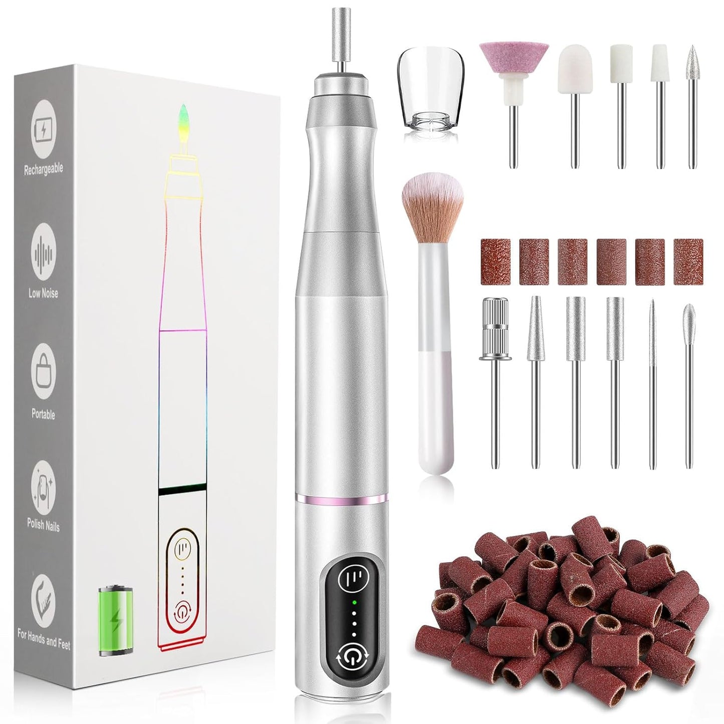 Cordless Nail Drill Electric Rechargeable File Kit, Professional Efile Acrylic Gel Nail Polish Remover Pedicure Manicure Machine Portable Set with 11 Bits 56 Sanding Bands for Salon (Silver)