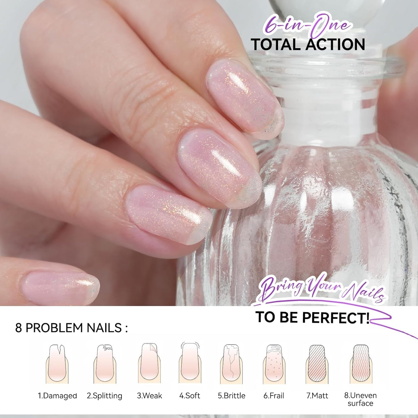 Women Nail Strengthener Protein for Daily: Glittering Pearl 15ml Gelike EC 6 in 1 Nail Treatment for Weak and Damaged Nails Everyday - Nail Polish Hardener for Home Salon Travel Spa Gift