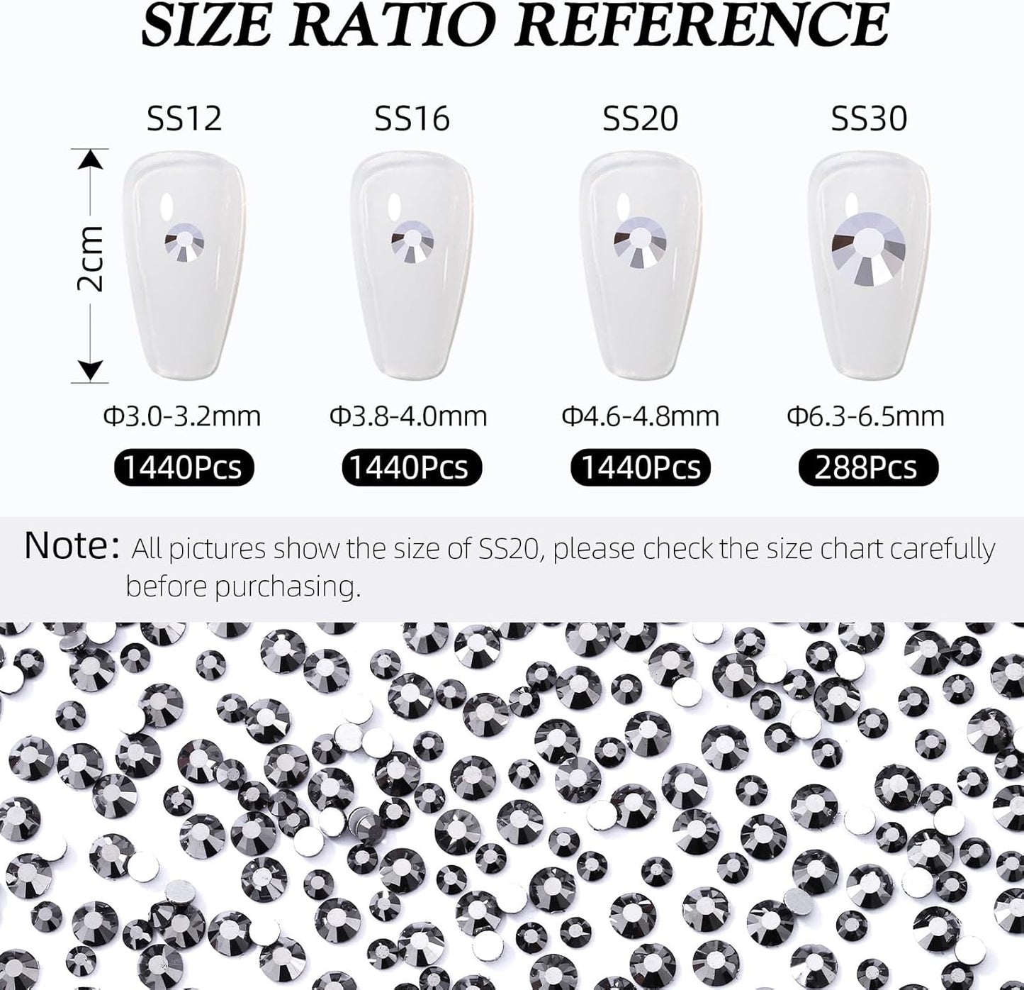 Black Hematite Flatback Rhinestones, Glass Rhinestones for Nail Art and Craft, Glue Fix, Loose Crystal Gemstones(Black Hematite, SS30, 288pcs, 6.4-6.6mm)