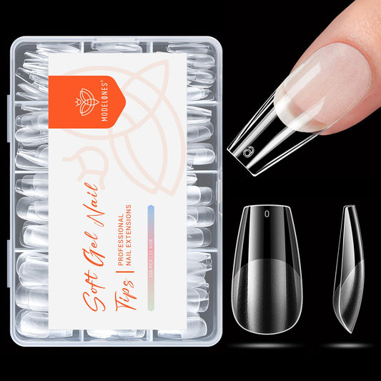 modelones Medium Coffin Nail Tips, Pre-shaped Soft Gel Tips Fake Nails False Acrylic Clear Full Cover Press on Extension Kit Gel Manicure DIY at Home 216PCS 12Sizes