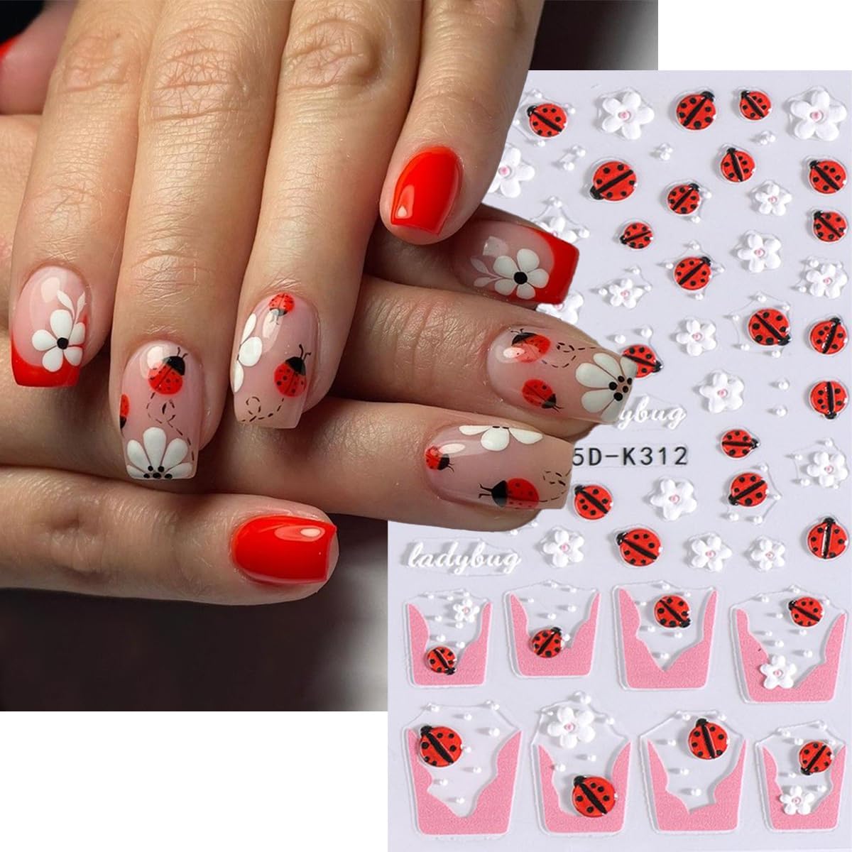 Flower Nail Sticker French Tips Nail Decals Insect Nail Art Stickers Bee Ladybug Daisy Five Petal Floral White Yellow Pink Design Cute Nails Stickers for Nails Art Summer Manicure Decor for Women