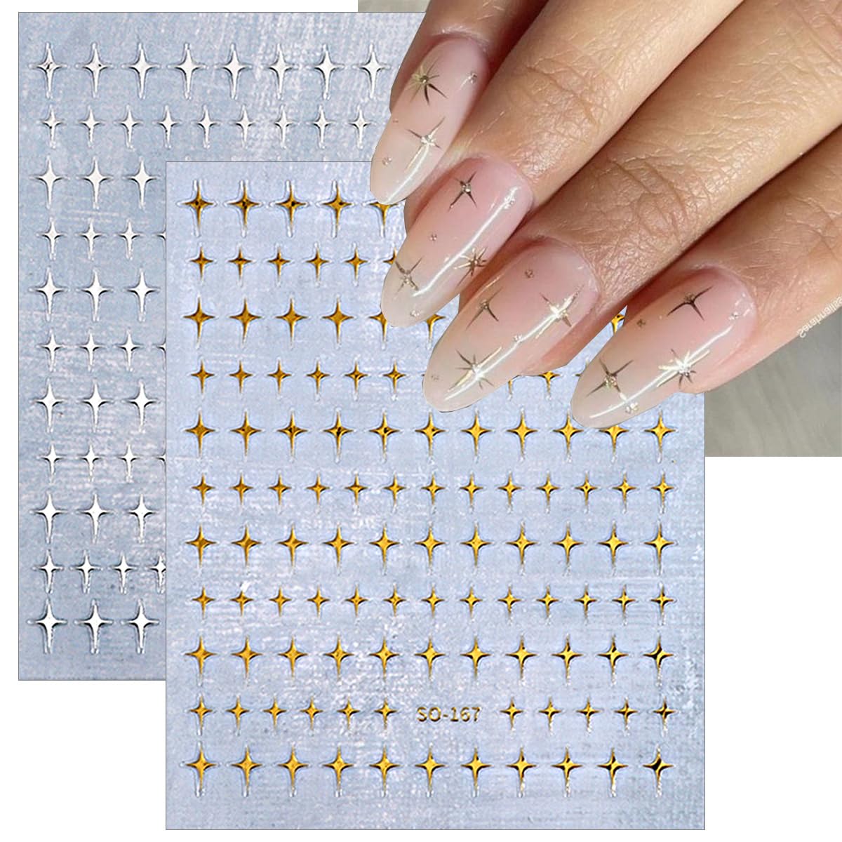 6 Sheets 3D Glitter Shiny Crystal Nail Art Sticker Star Charms Silver Black White Stickers Self-Adhesive Design Luxury Nail Decals for French Manicure