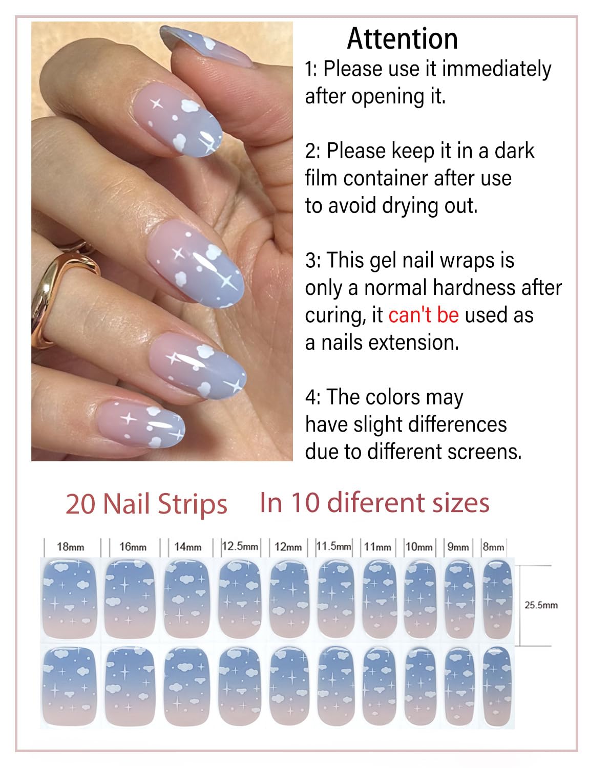 Semi Cured Gel Nail Strips, 20pcs Clound Gel Nail Stickers UV for Home Nails DIY