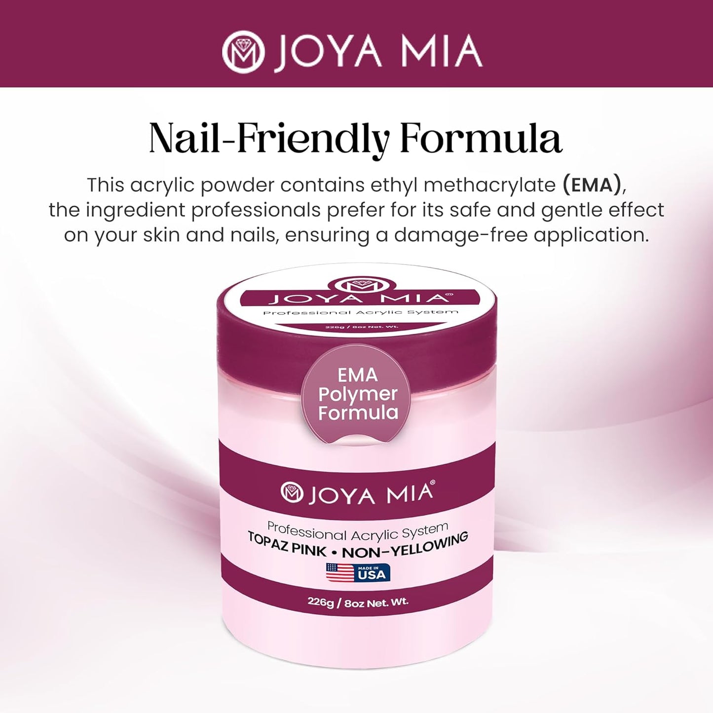 Joya Mia Acrylic Powder for Nails, MMA-Free, Super Adhesion Professional Powder for Flawless & Long-Lasting Nail Enhancements, Easy Application, Vibrant & Stunning Colors - Topaz Pink, 8 oz