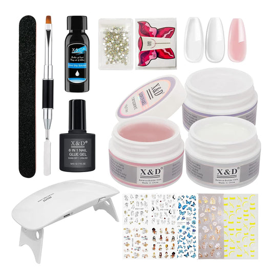 X&D Poly Gel Nail Kit 3 Colors Natural Clear Colors Poly Nail Gel Kit Nail Extension Builder Nail Gel Quick Manicure Home DIY Set for Women (Transparent, Nude Pink, White)