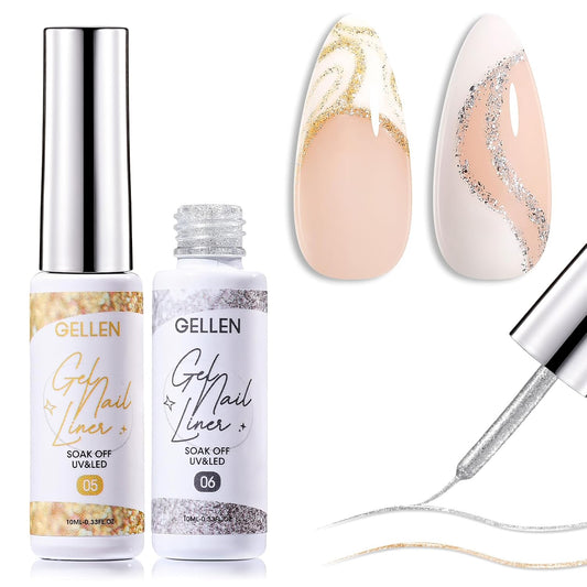 GELLEN Gold Silver Liner Gel Nail Polish, 2Pcs 10ml Soak off Uv Lamp Glitter Nail Art Polish Set with Built Thin Brush, Gel Art Paint for Sparkly Shiny Swirl Nails, Christmas Diy Gift for Women Girls