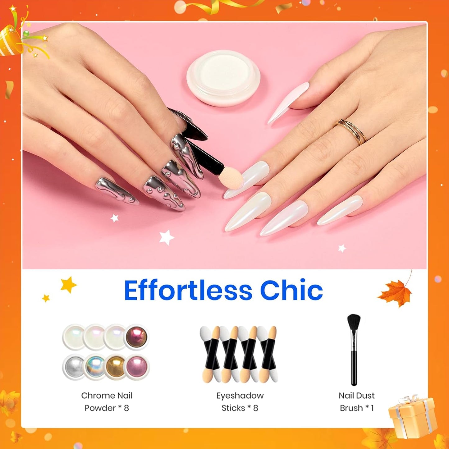 Beetles Chrome Nail Powder Gold Silver Mirror Effect 8 Colors Holographic Aurora Iridescent Pearlescent Manicure Nail Art Decoration Glitter Cromer Nail Powder for Nails 1g/Jar Gift for Women