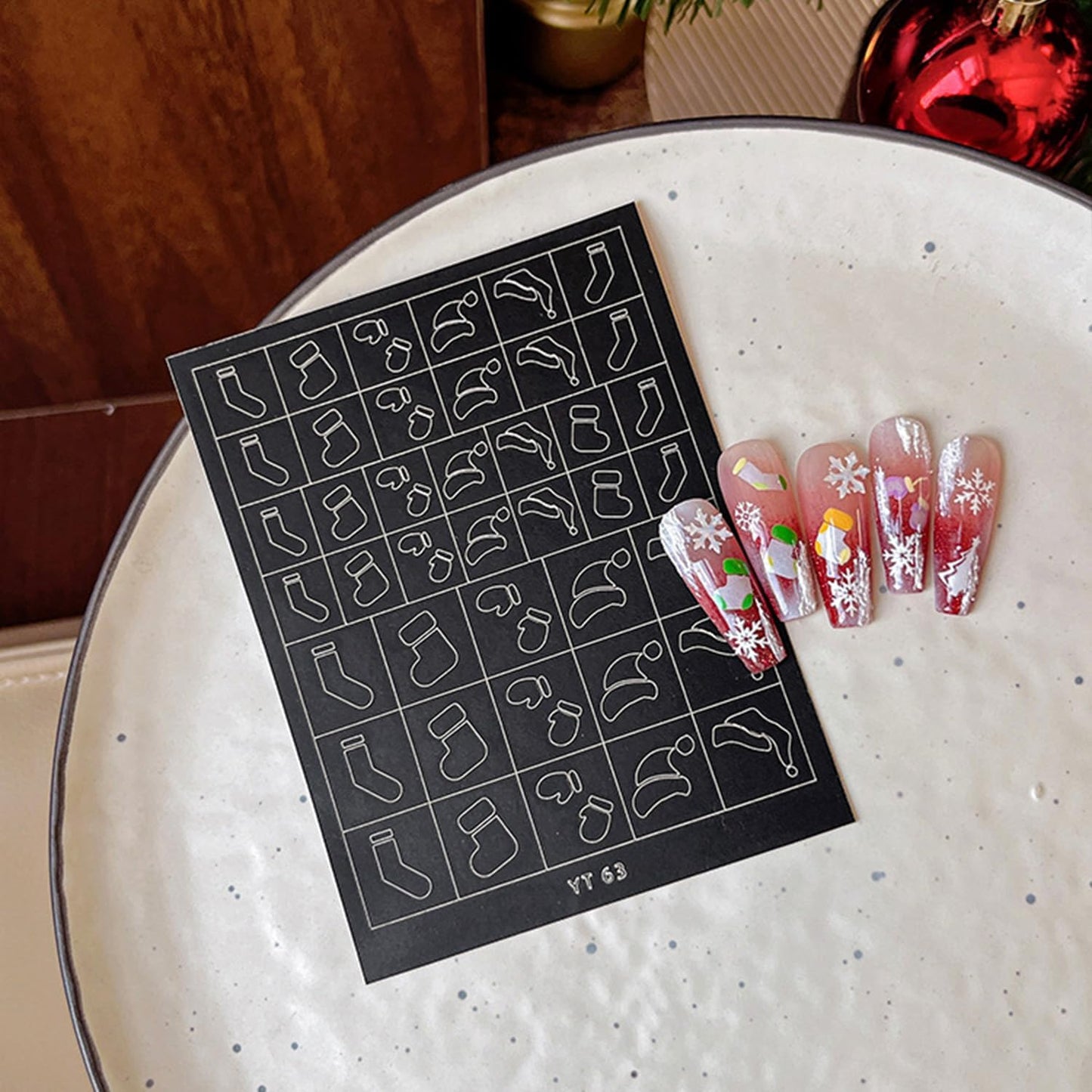 Christmas Nail Stickers Airbrush Stencils Stickers for Nail Art Self Adhesives with Snowman Snowflower Elk Bell Wreath Socks Designs Supplies Design Nail Guide for Manicure Nails Decoration 6 Sheets