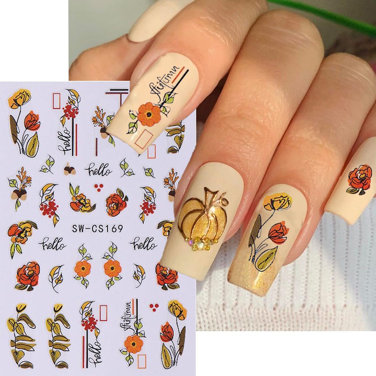Pumpkin Nail Stickers Fall Nail Decals 3D Self Adhesive Nail Art Stickers Orange Flower Fallen Leaves Sunflower Star Design Thanksgiving Sticker for Nails Decor Manicure Supplies for Women 8 Sheet
