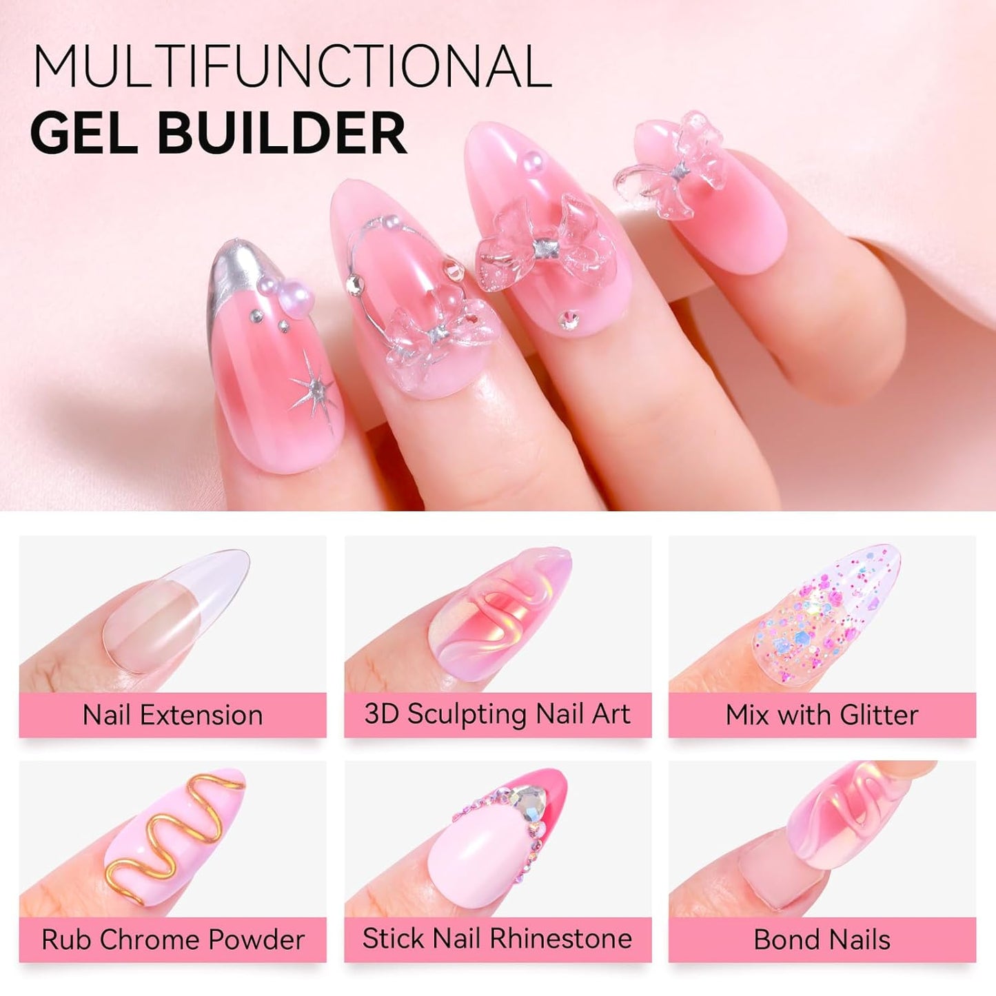 Makartt 3D Gel Nail Art: Solid Gel Builder for Nails Starter Kit, 30ml Clear for Extension 3D Sculpting Carving DIY Manicure, Molding Hard Gels with Gold & Silver Chrome Powder Silicone Molds & Brush