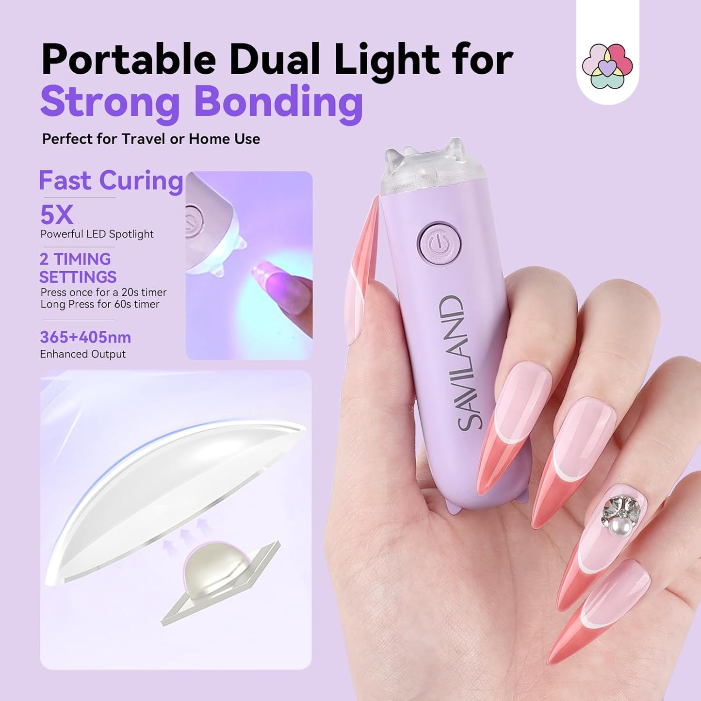 SAVILAND Pro Solid Nail Glue Gel & Remover Kit: 30 Days Long Lasting Gel Glues 20 g Strong Bond Gel Glues for Nails with 60 ml Quick Press On Nails Remover & Mini Nail Lamp for Press Ons