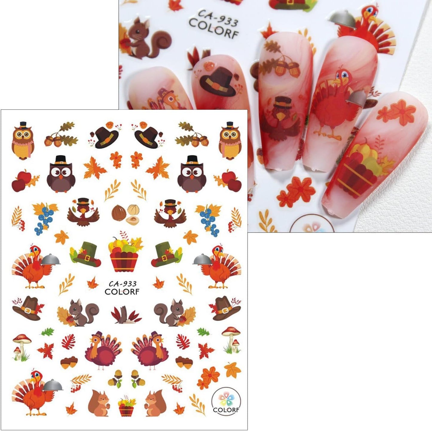 Fall Nail Art Stickers Thanksgiving Day Turkey Pumpkin Nail Decals 3D Self-Adhesive Holiday Maple Leaf for DIY Autumn Party Nail Supplies Decoration 8 Sheets