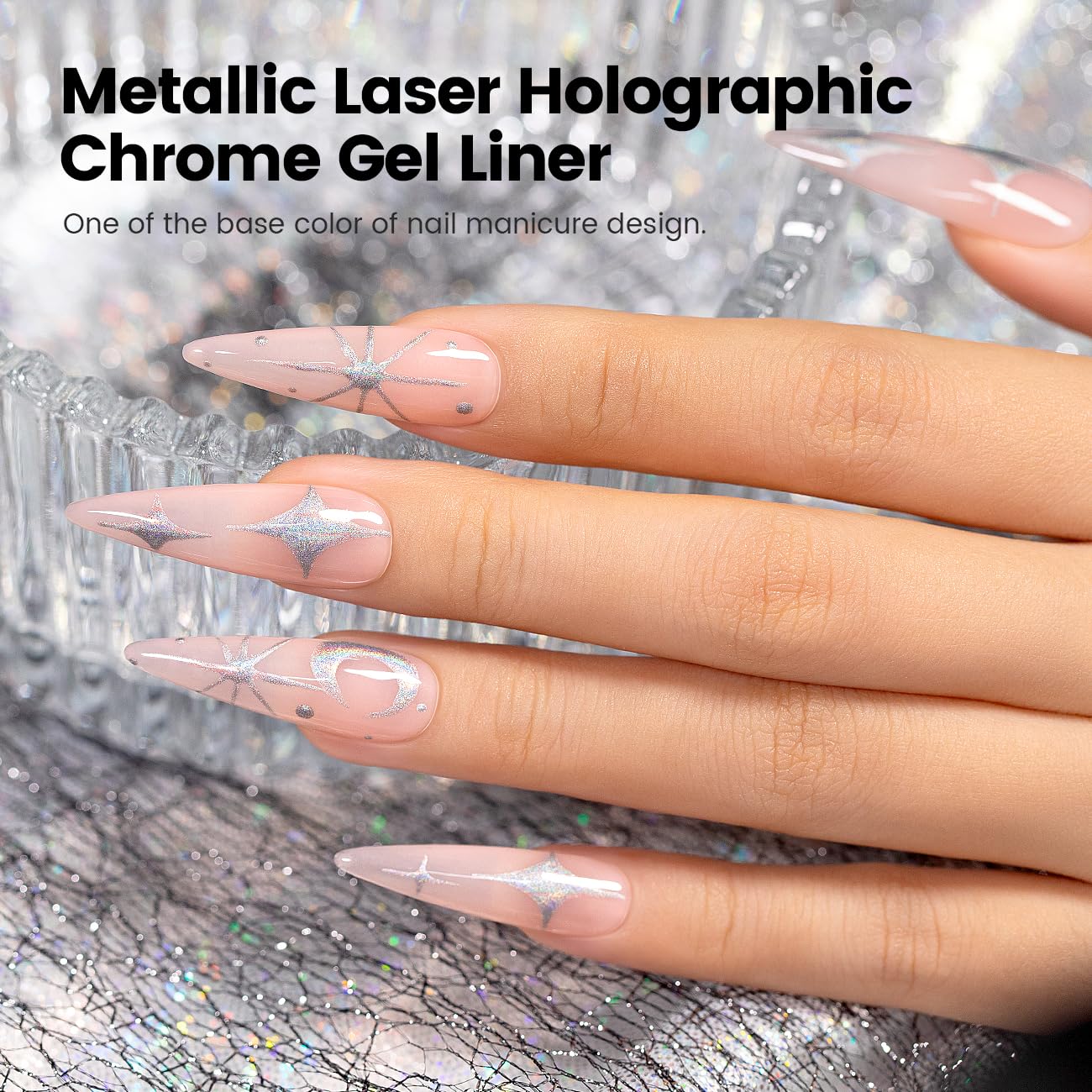 RARJSM Metallic Silver Nail Art Gel Liner Mirror Chrome 3D Holographic Laser Rainbow Effect Gel Nail Polish 8ml Build in Thin Brush Painted Drawing Striper Painting Curing Requires for Home Salon
