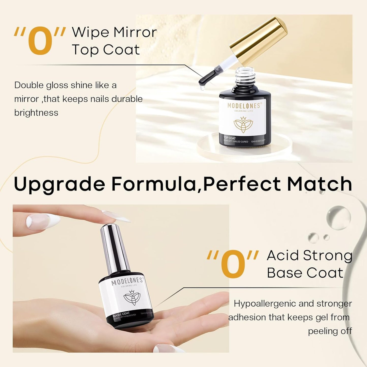 modelones 3 Pcs Gel Top Coat & Base with Cuticle Oil Set,10 ml Cuticle Protectors Set Gel Nail Polish No Wipe Base Gloss Top Coat & Nail Oil