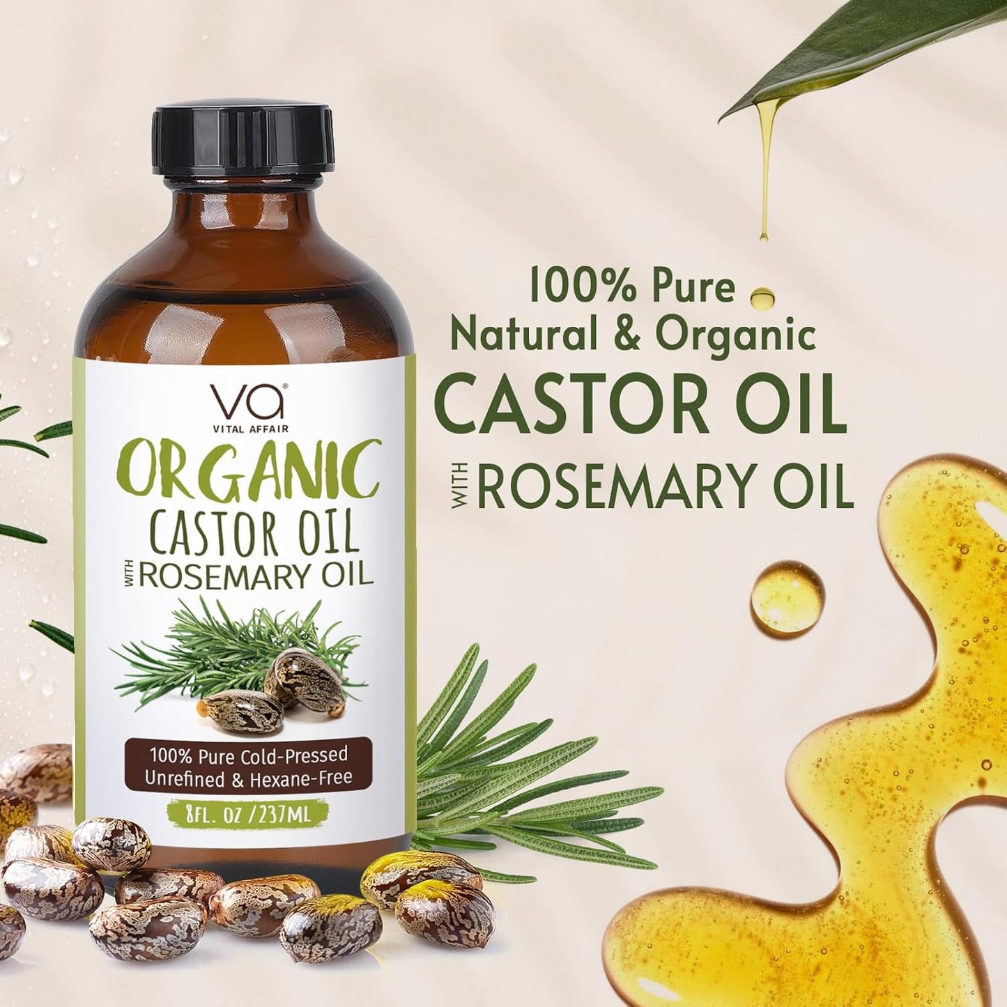 Organic Castor Oil With Rosemary Oil For Hair Growth - 100% Pure Rosemary Hair Oil With Pure Castor Oil Cold Pressed Unrefined Glass Bottle - Strengthening & Volumizing 8 Fl Oz