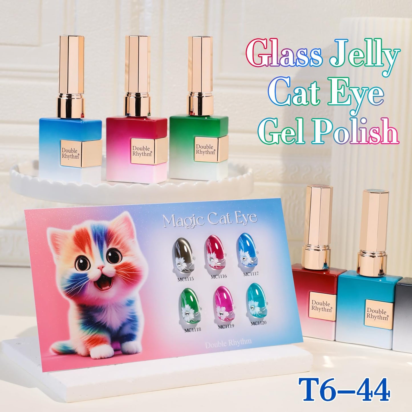 Double Rhythm Cat Eye Gel Nail Polish Set of 6 Same Color Same Bottle 0.5 Oz Shimmer Glitter with Magnet Holographic Reflective Magnetic UV Polish Kit at Home (Black Red Green Navy-T6-44)