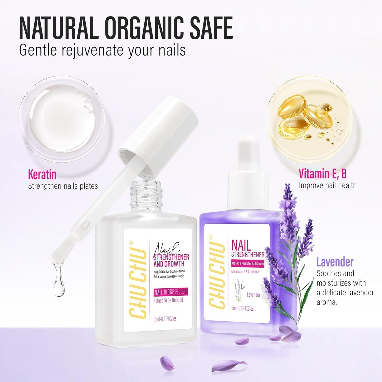 Nail Care Set with Strengthener and Cuticle Oil: Clear Nail Hardener and Lavender Oil - Repair & Growth Treatment for Weak Damaged Nails - for Women Beginners Professionals Home Manicure Travel